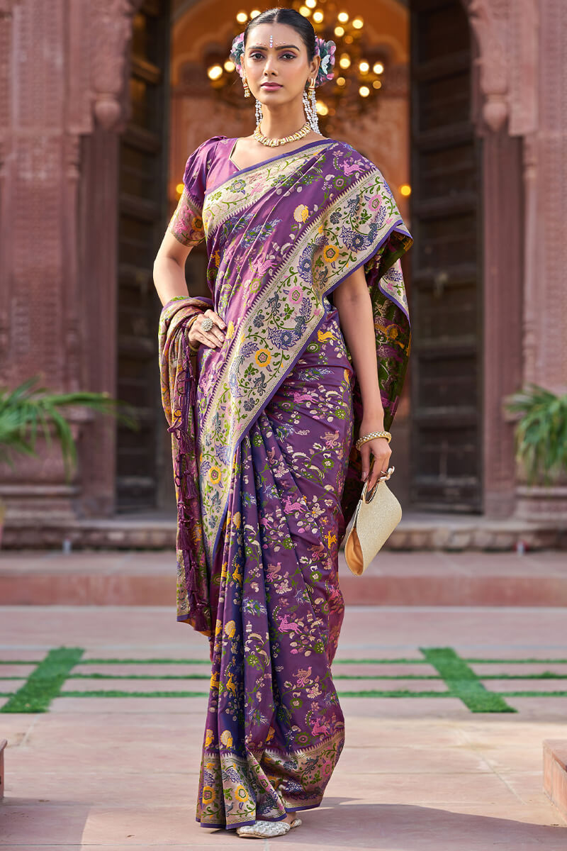 Scrupulous Purple Paithani Silk Saree With Skinny Blouse Piece