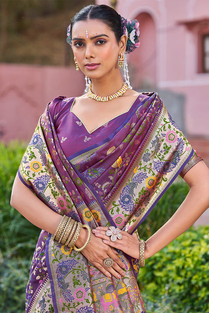 Scrupulous Purple Paithani Silk Saree With Skinny Blouse Piece