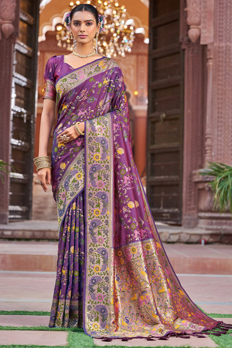 Scrupulous Purple Paithani Silk Saree With Skinny Blouse Piece