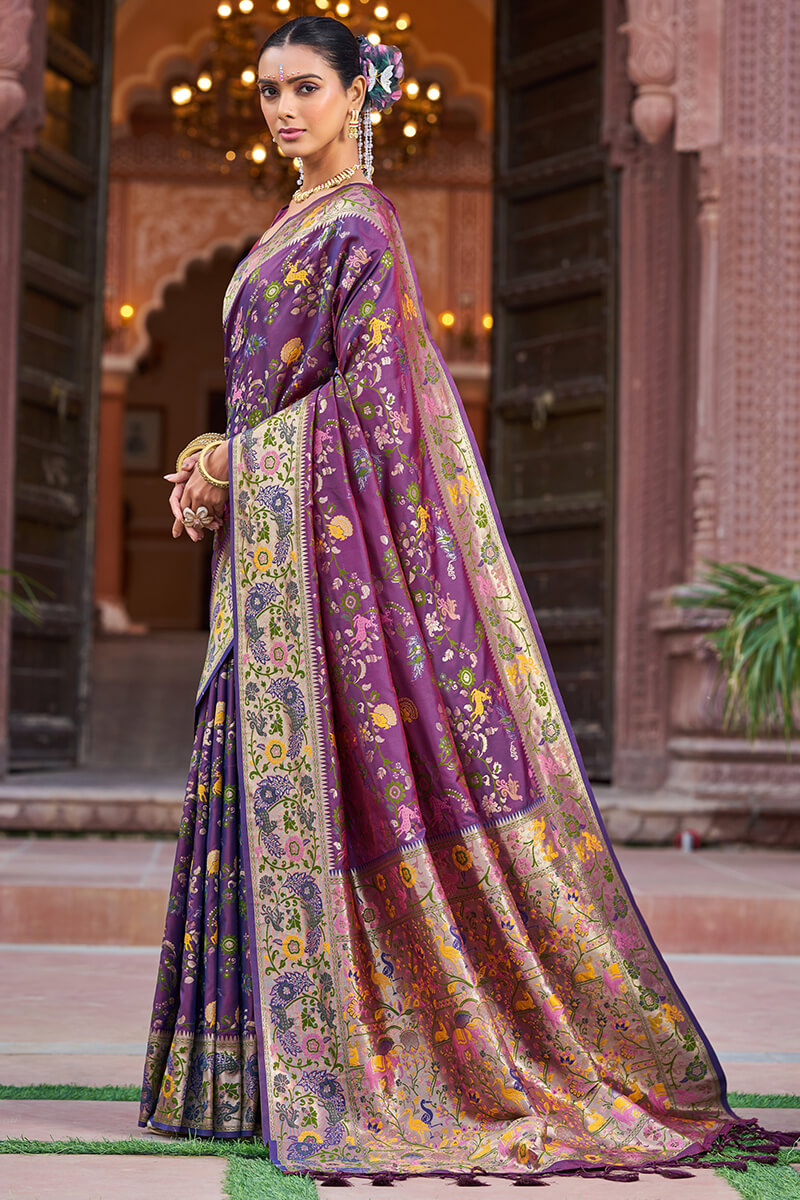 Scrupulous Purple Paithani Silk Saree With Skinny Blouse Piece