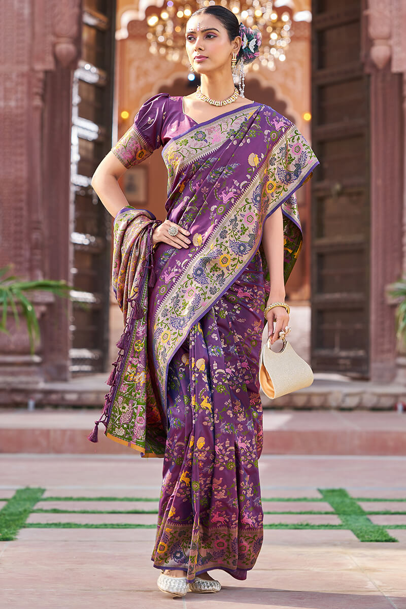 Scrupulous Purple Paithani Silk Saree With Skinny Blouse Piece