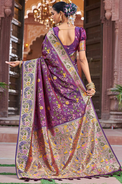 Scrupulous Purple Paithani Silk Saree With Skinny Blouse Piece