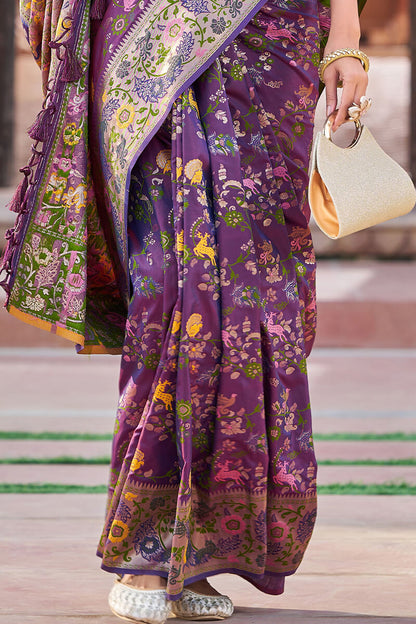 Scrupulous Purple Paithani Silk Saree With Skinny Blouse Piece
