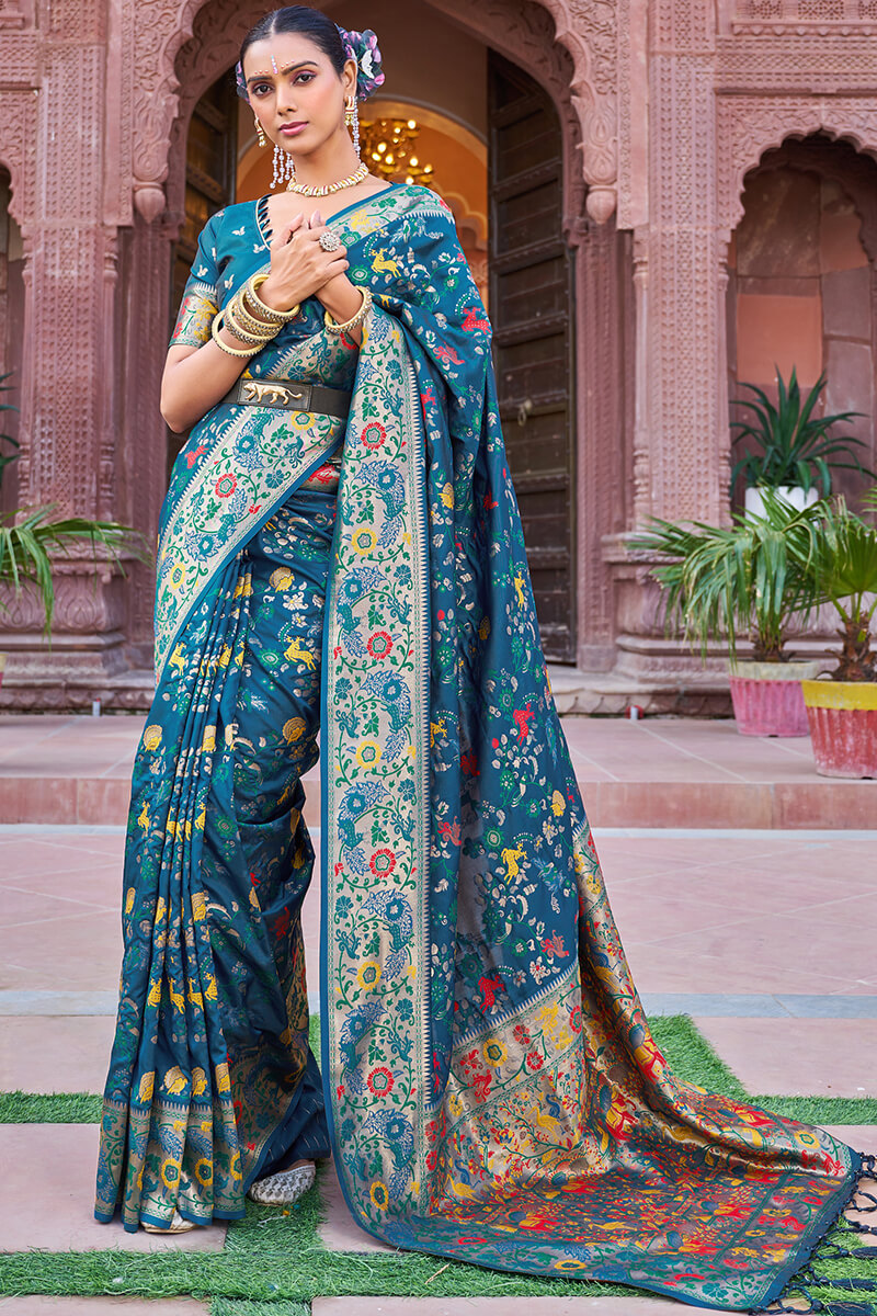 Staggering Rama Paithani Silk Saree With Conflate Blouse Piece
