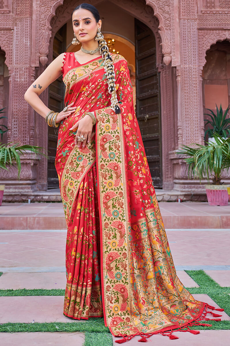 Innovative Red Paithani Silk Saree With Bucolic Blouse Piece