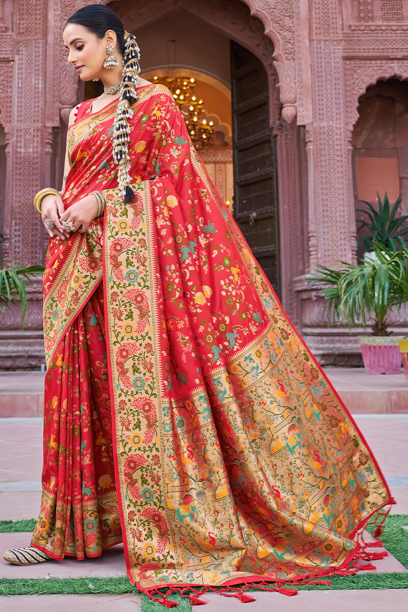 Innovative Red Paithani Silk Saree With Bucolic Blouse Piece