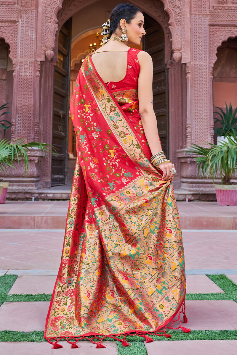 Innovative Red Paithani Silk Saree With Bucolic Blouse Piece