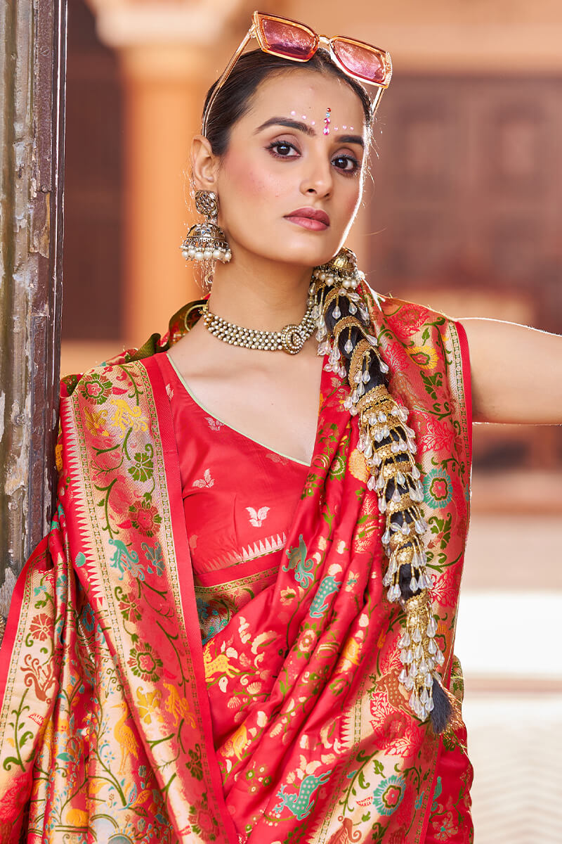 Innovative Red Paithani Silk Saree With Bucolic Blouse Piece