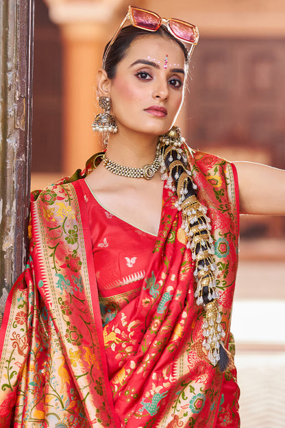 Innovative Red Paithani Silk Saree With Bucolic Blouse Piece