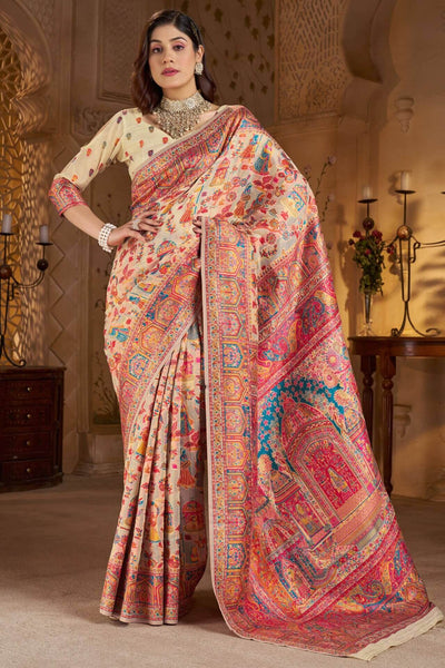 Desiring Beige Pashmina Saree With Artistic Blouse Piece