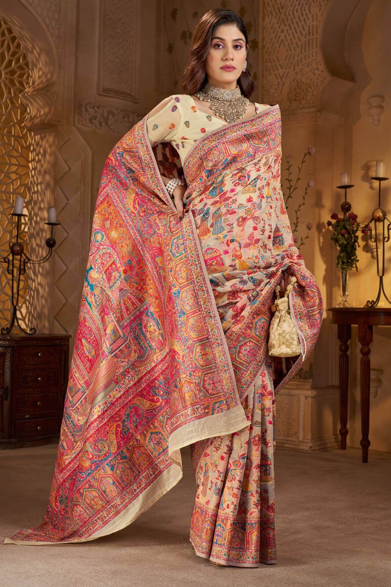 Desiring Beige Pashmina Saree With Artistic Blouse Piece