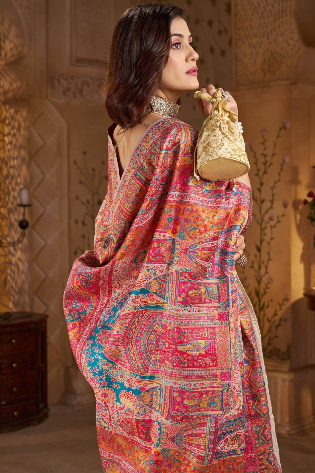 Desiring Beige Pashmina Saree With Artistic Blouse Piece