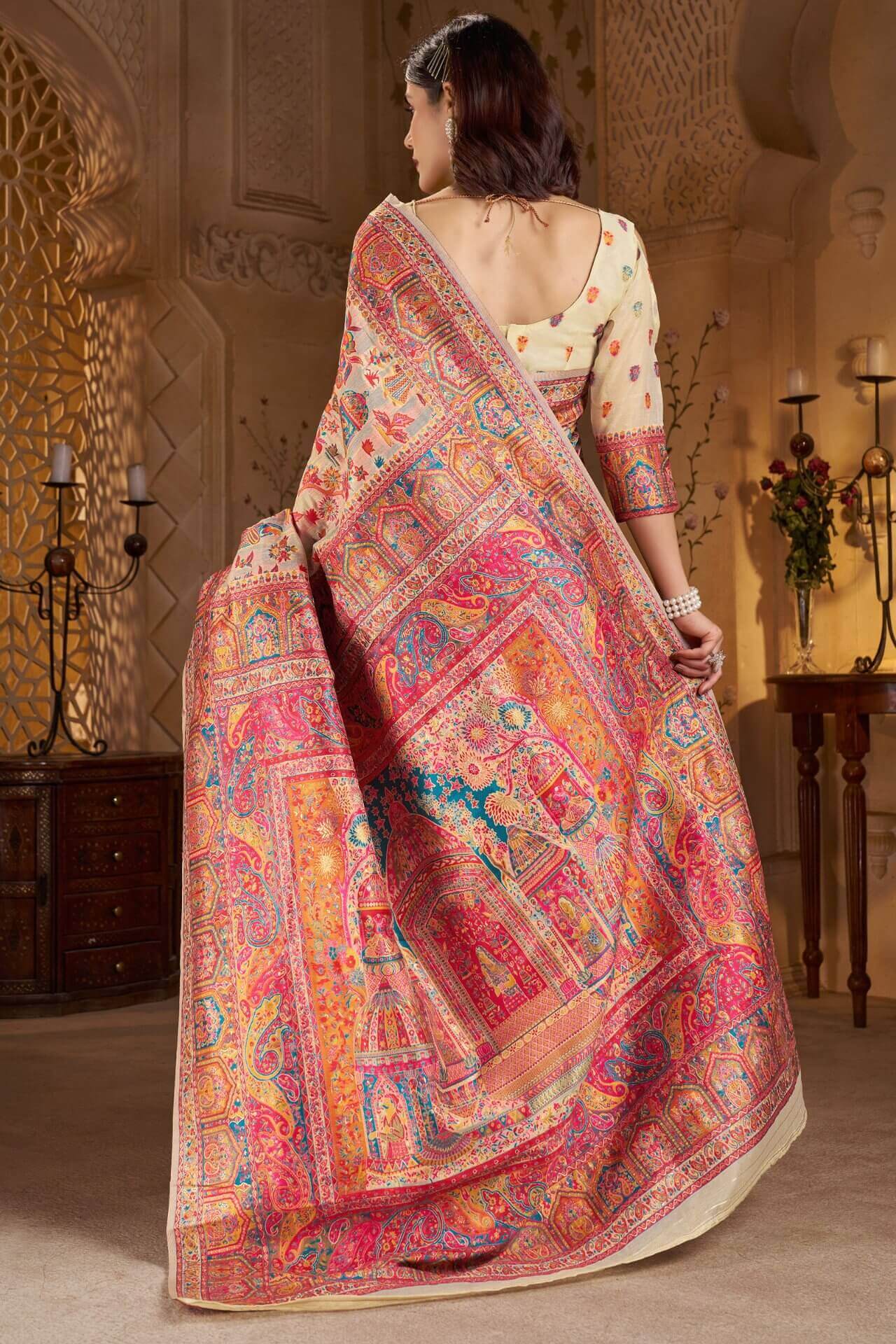 Desiring Beige Pashmina Saree With Artistic Blouse Piece