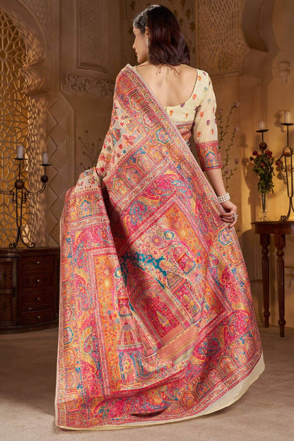 Desiring Beige Pashmina Saree With Artistic Blouse Piece