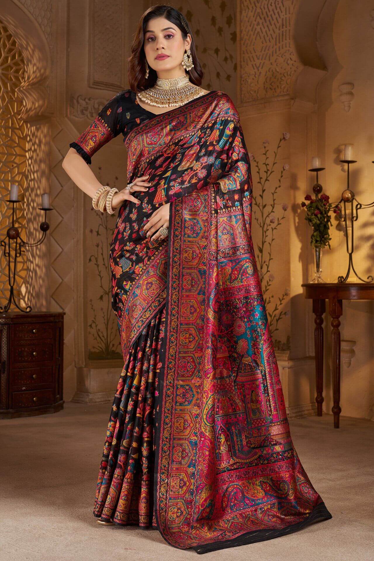 Dissemble Black Pashmina Saree With Forbearance Blouse Piece