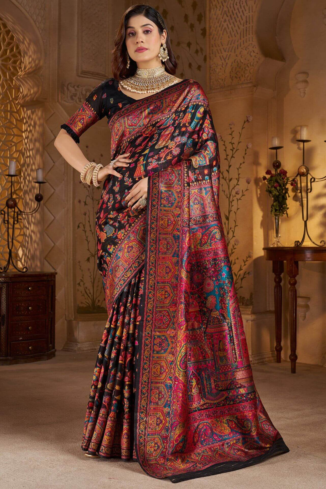 Dissemble Black Pashmina Saree With Forbearance Blouse Piece