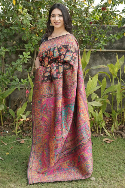 Dissemble Black Pashmina Saree With Forbearance Blouse Piece