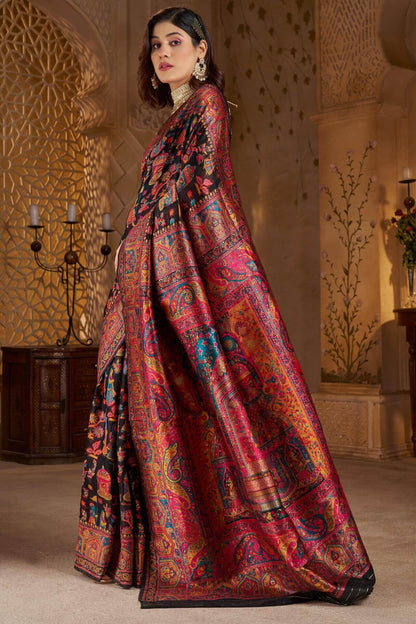 Dissemble Black Pashmina Saree With Forbearance Blouse Piece