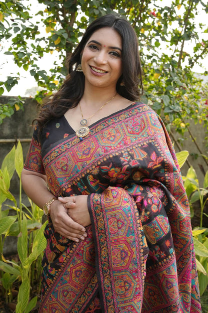 Dissemble Black Pashmina Saree With Forbearance Blouse Piece