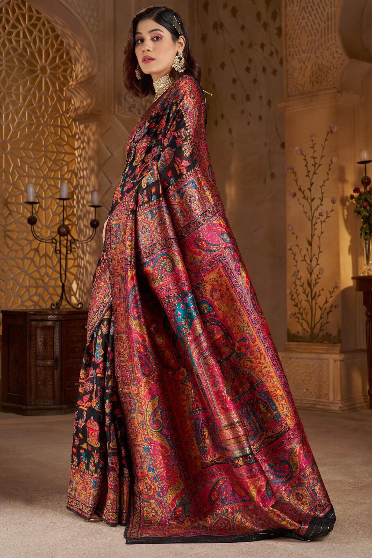 Dissemble Black Pashmina Saree With Forbearance Blouse Piece