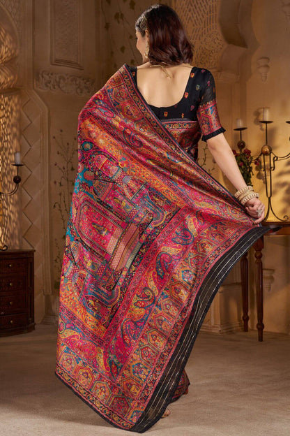 Dissemble Black Pashmina Saree With Forbearance Blouse Piece
