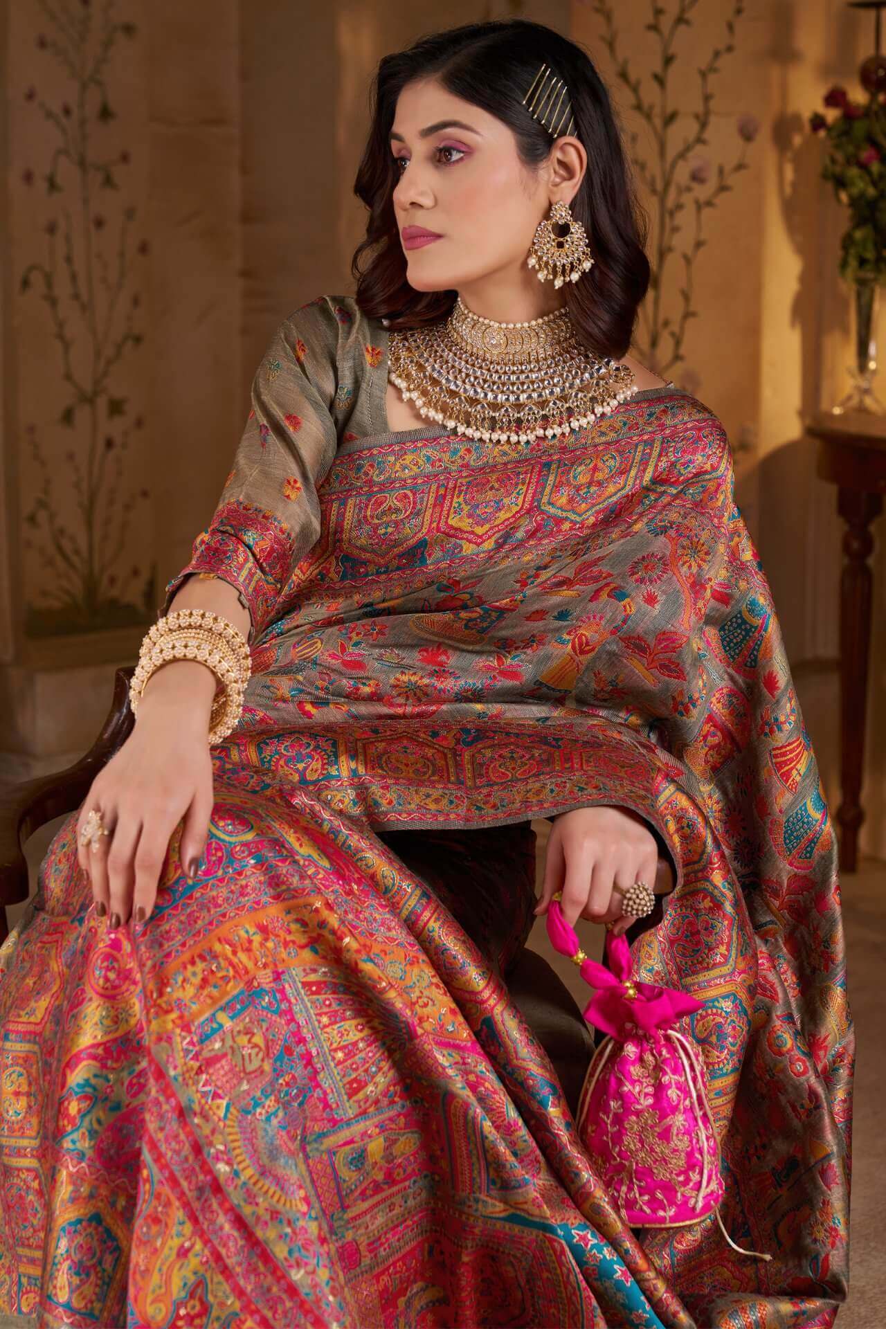Demanding Grey Pashmina Saree With Super classy Blouse Piece