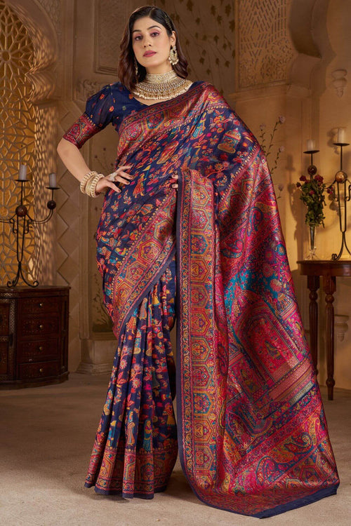 Load image into Gallery viewer, Diaphanous Navy Blue Pashmina Saree With Sumptuous Blouse Piece
