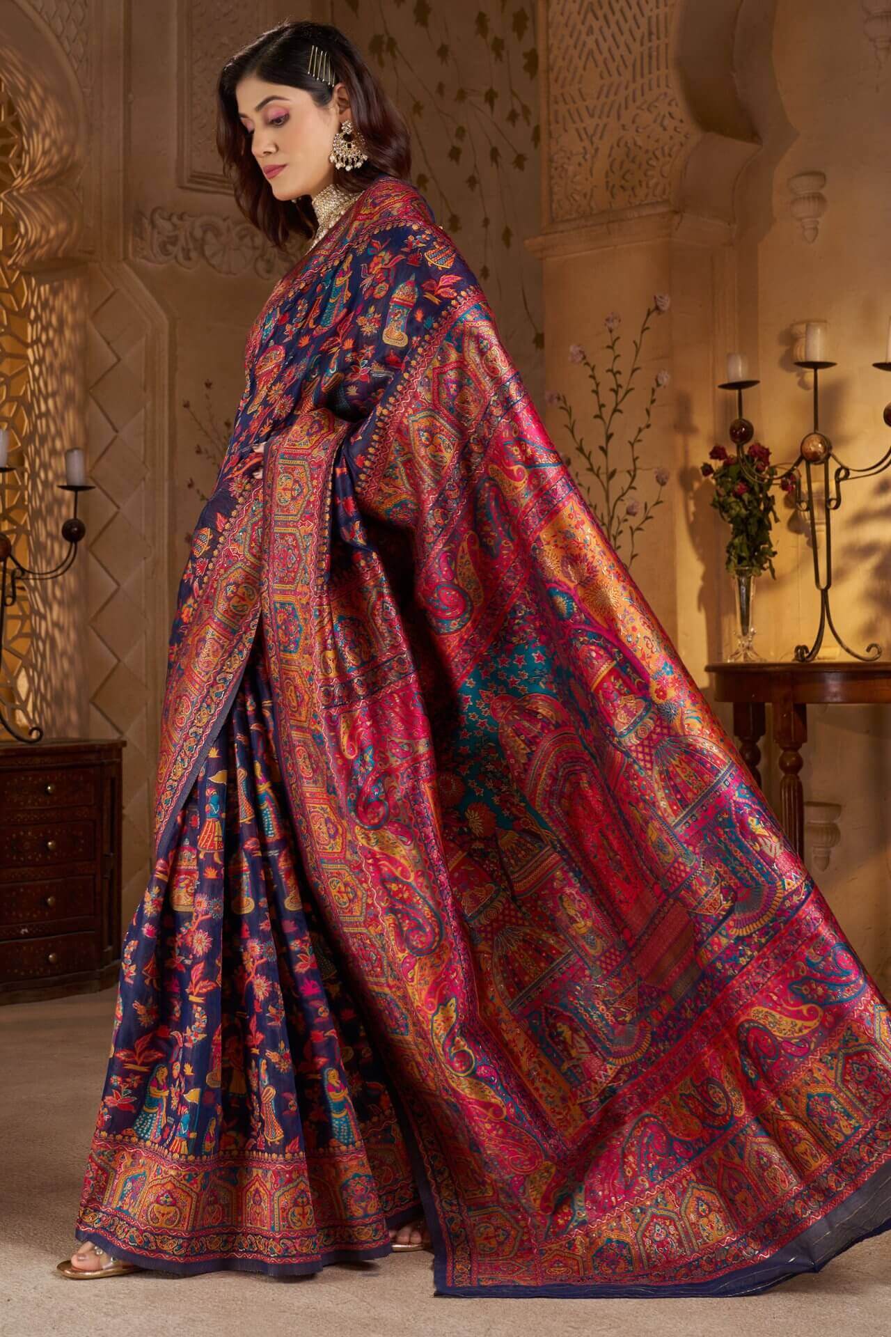 Diaphanous Navy Blue Pashmina Saree With Sumptuous Blouse Piece