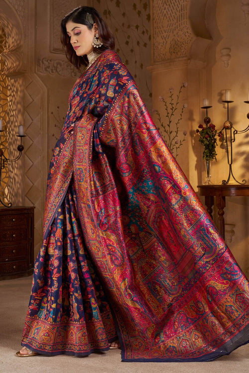 Load image into Gallery viewer, Diaphanous Navy Blue Pashmina Saree With Sumptuous Blouse Piece
