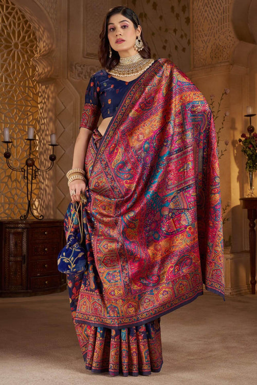 Load image into Gallery viewer, Diaphanous Navy Blue Pashmina Saree With Sumptuous Blouse Piece
