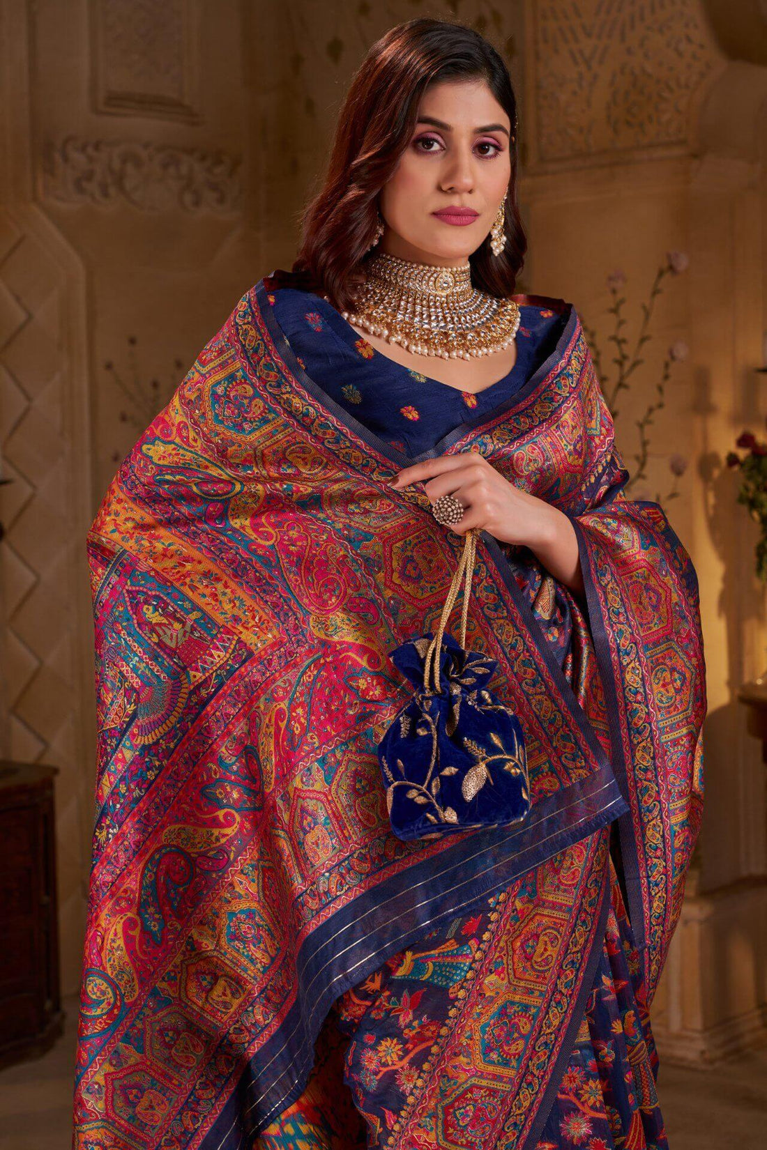 Diaphanous Navy Blue Pashmina Saree With Sumptuous Blouse Piece