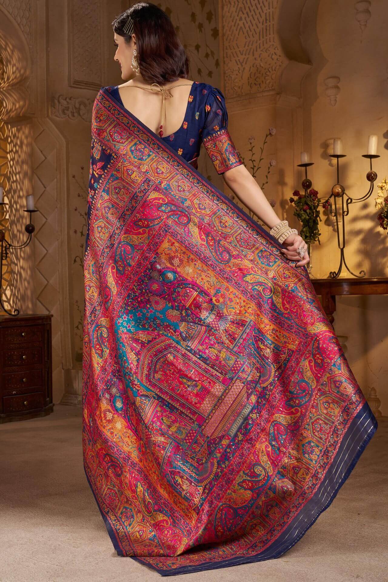Diaphanous Navy Blue Pashmina Saree With Sumptuous Blouse Piece