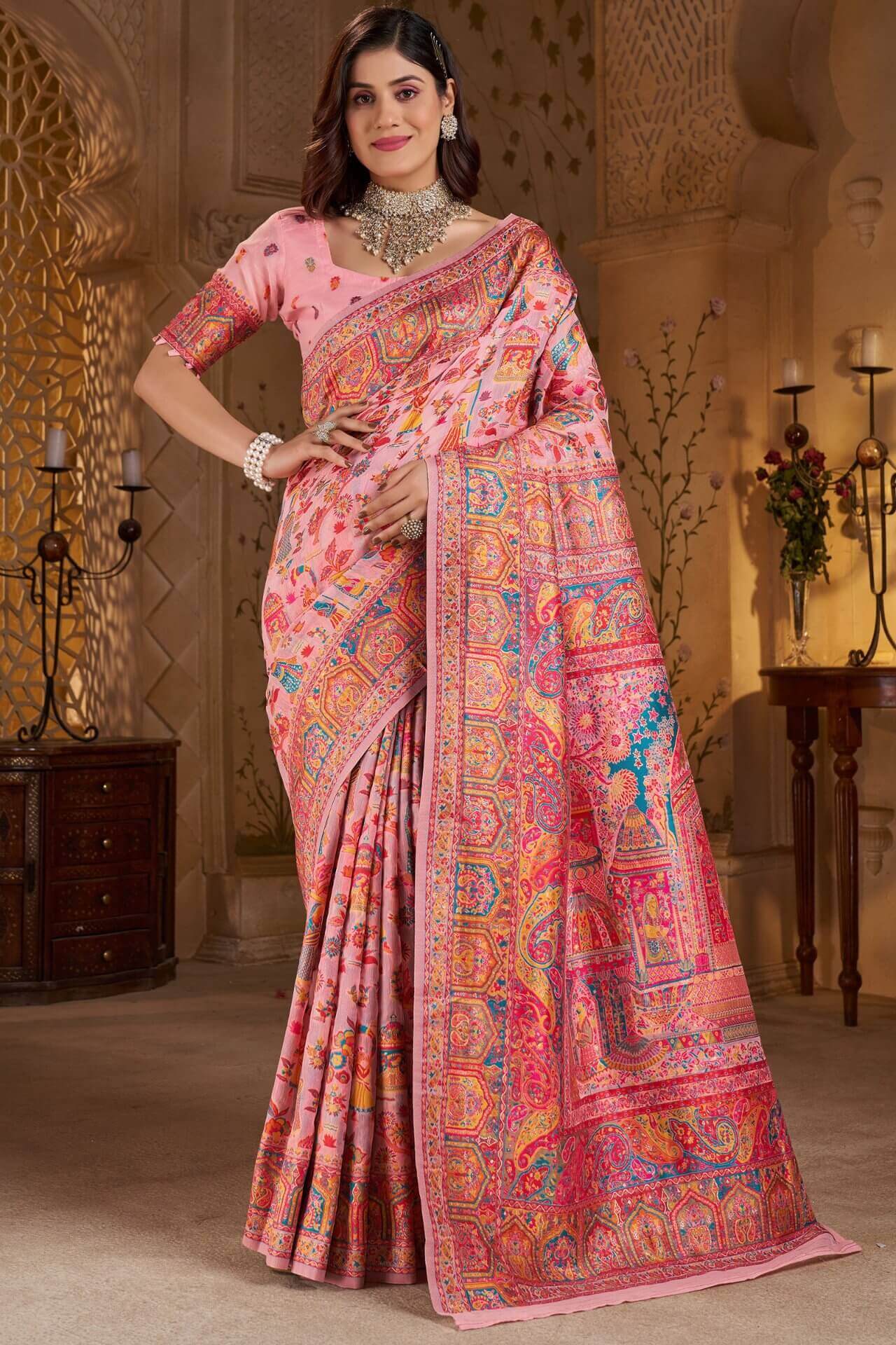 Vestigial Pink Pashmina Saree With Hypnotic Blouse Piece
