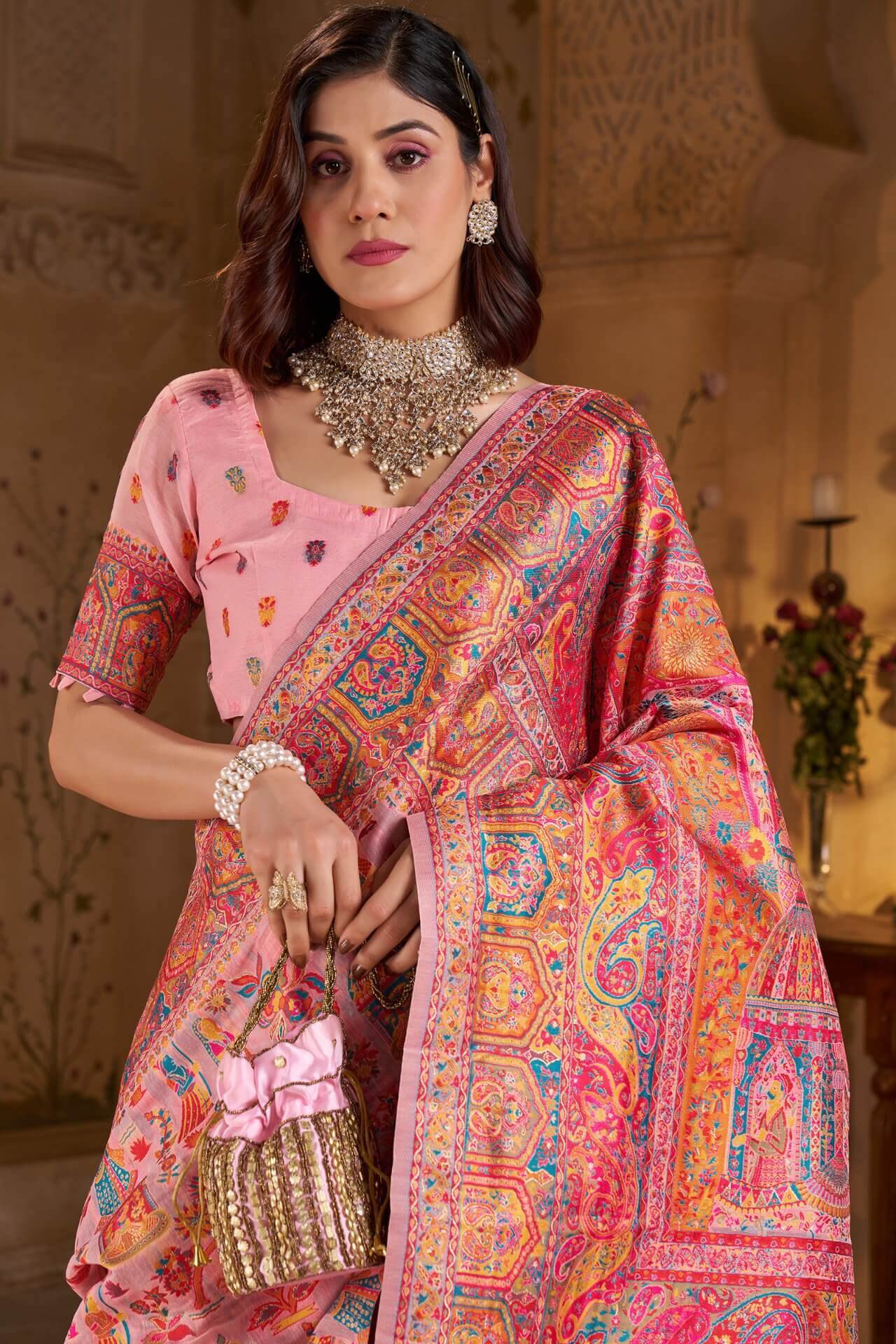 Vestigial Pink Pashmina Saree With Hypnotic Blouse Piece