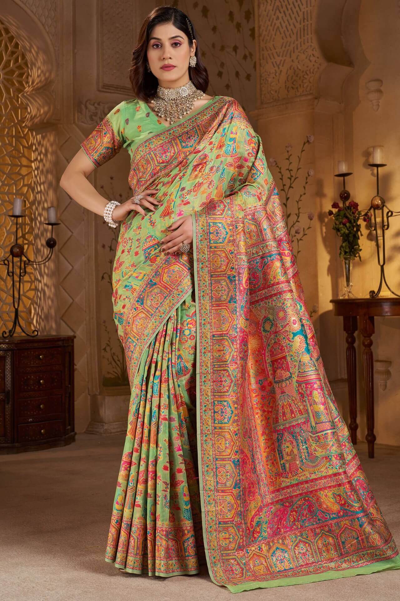 Demesne Pista Pashmina Saree With Classy Blouse Piece
