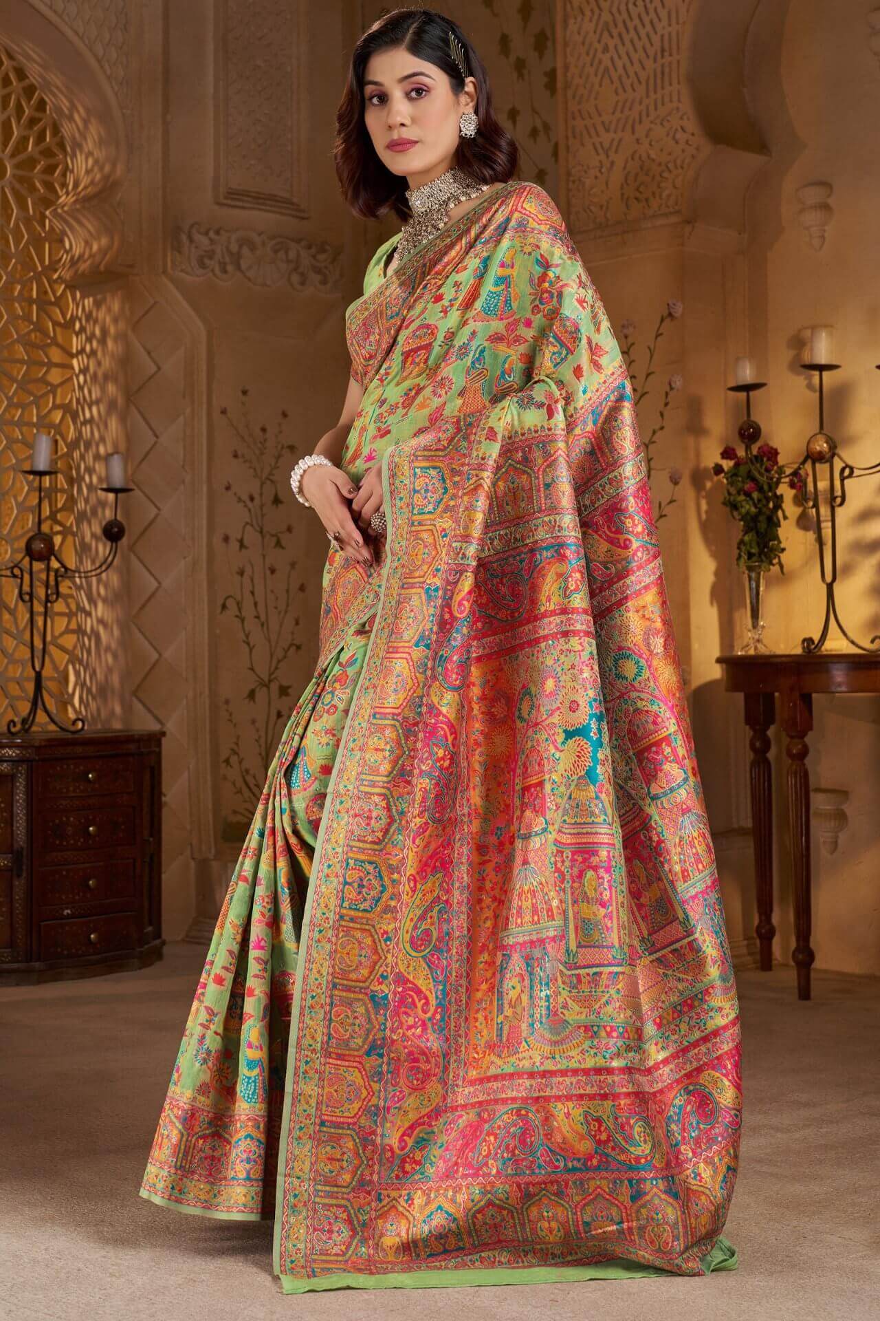 Demesne Pista Pashmina Saree With Classy Blouse Piece