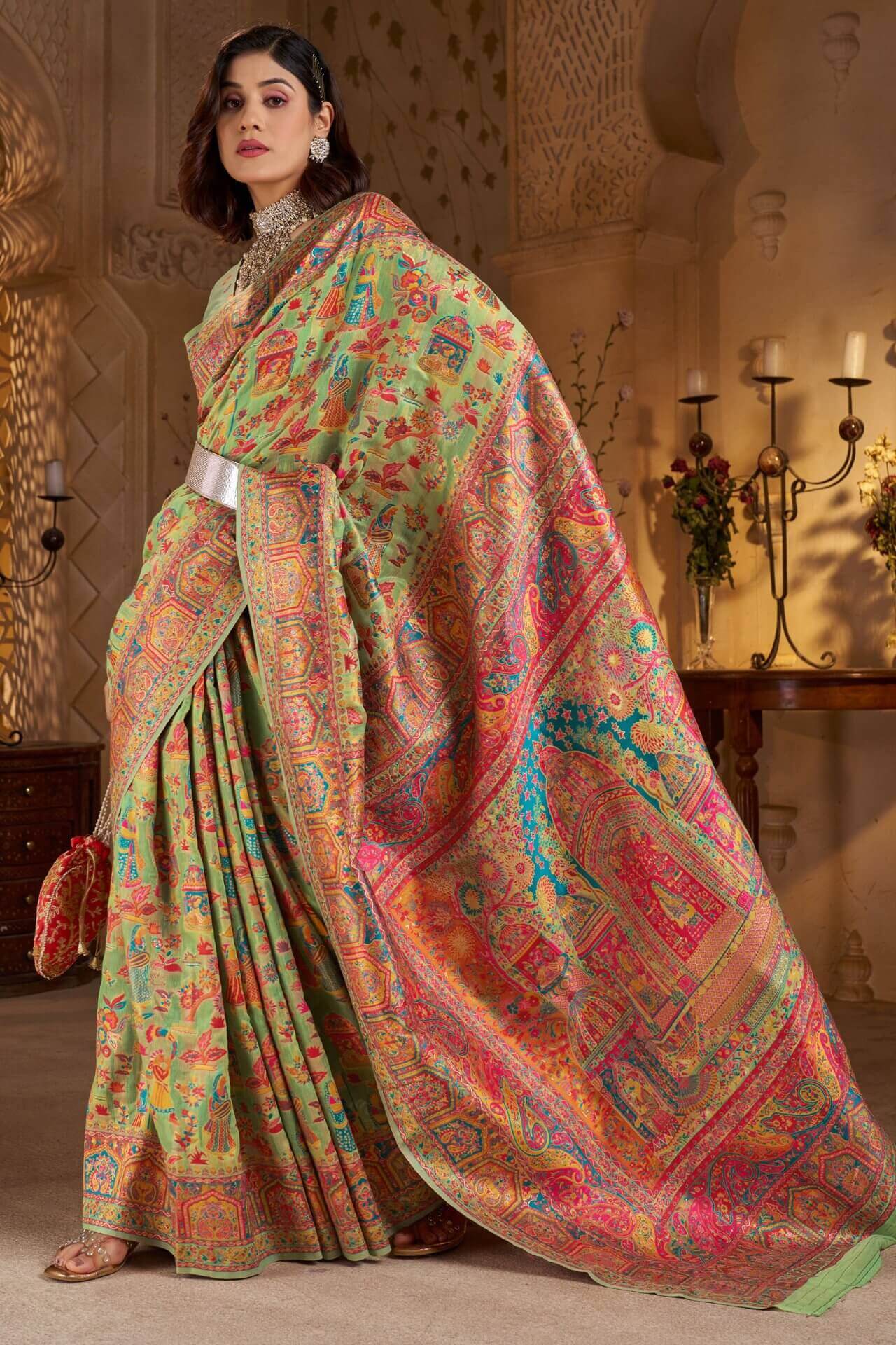 Demesne Pista Pashmina Saree With Classy Blouse Piece