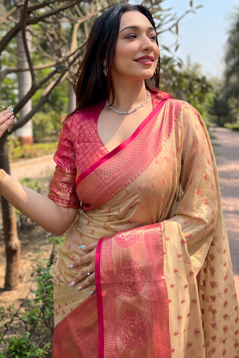 Dulcet Beige Soft Banarasi Tissue Silk Saree With Entrancing Blouse Piece