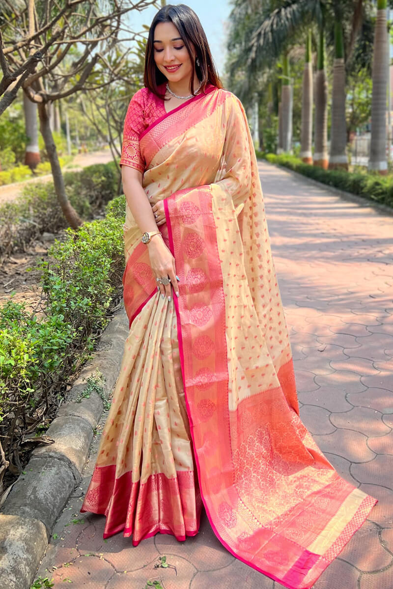 Dulcet Beige Soft Banarasi Tissue Silk Saree With Entrancing Blouse Piece