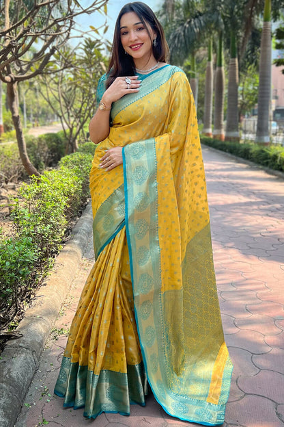 Eye-catching Yellow Soft Banarasi Tissue Silk Saree With Cynosure Blouse Piece