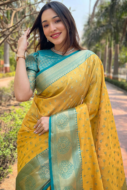 Eye-catching Yellow Soft Banarasi Tissue Silk Saree With Cynosure Blouse Piece