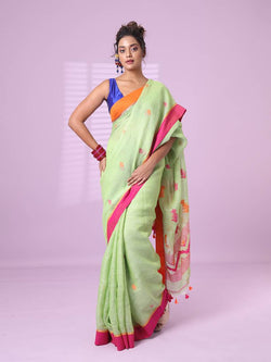 Comely Pista Handloom Cotton Silk Saree With Quintessential Blouse Piece