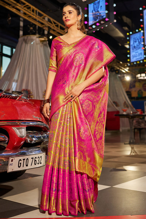 Load image into Gallery viewer, Girlish Dark Pink Kanjivaram Silk Saree With Engrossing Blouse Piece
