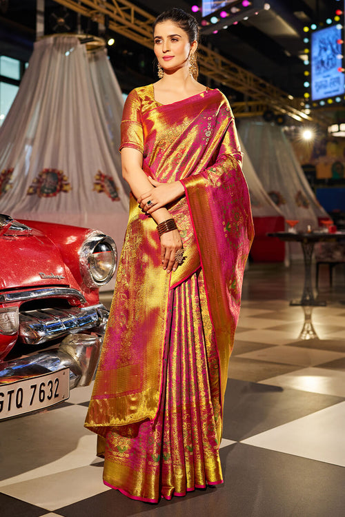 Load image into Gallery viewer, Flattering Golden Kanjivaram Silk Saree With Elegant Blouse Piece
