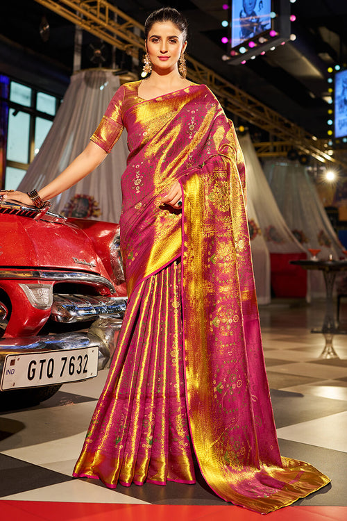 Load image into Gallery viewer, Flattering Golden Kanjivaram Silk Saree With Elegant Blouse Piece
