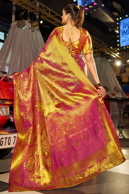 Load image into Gallery viewer, Flattering Golden Kanjivaram Silk Saree With Elegant Blouse Piece
