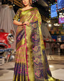 Dazzling Mehndi Kanjivaram Silk Saree With Energetic Blouse Piece