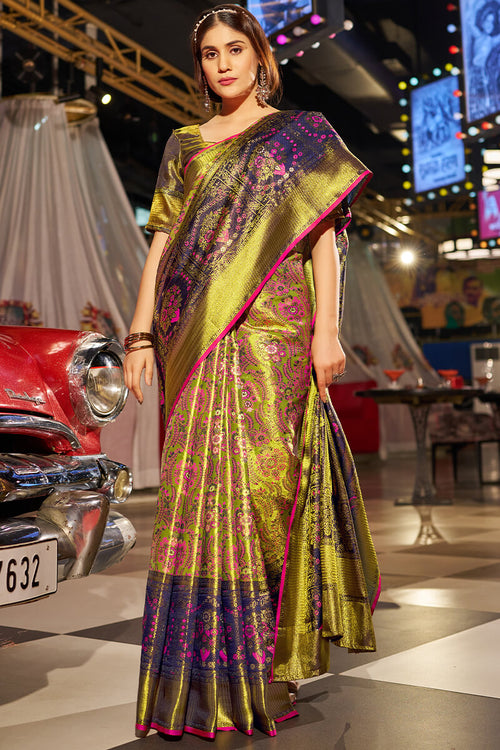 Load image into Gallery viewer, Dazzling Mehndi Kanjivaram Silk Saree With Energetic Blouse Piece
