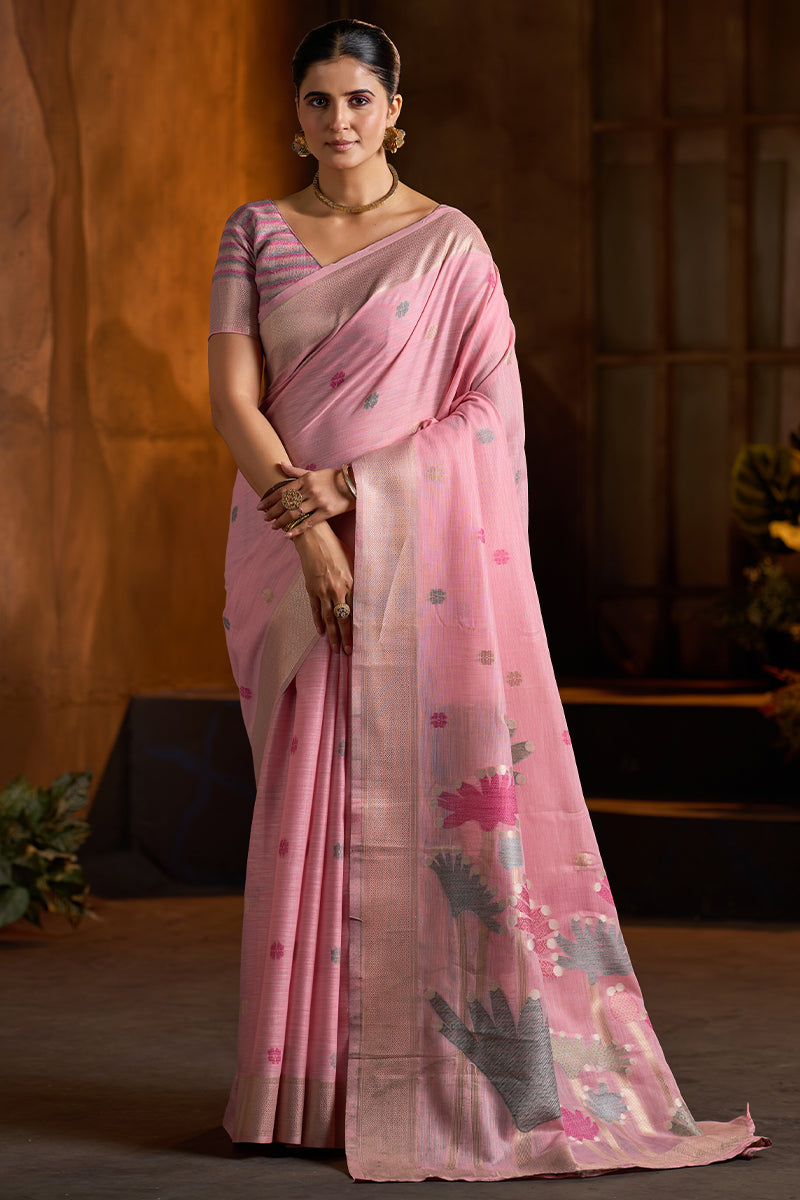 Skinny Baby Pink Cotton Silk Saree With Impressive Blouse Piece