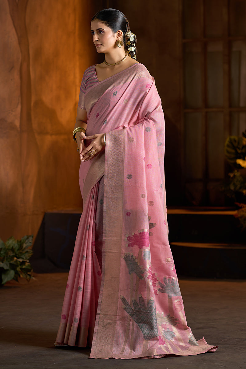 Skinny Baby Pink Cotton Silk Saree With Impressive Blouse Piece